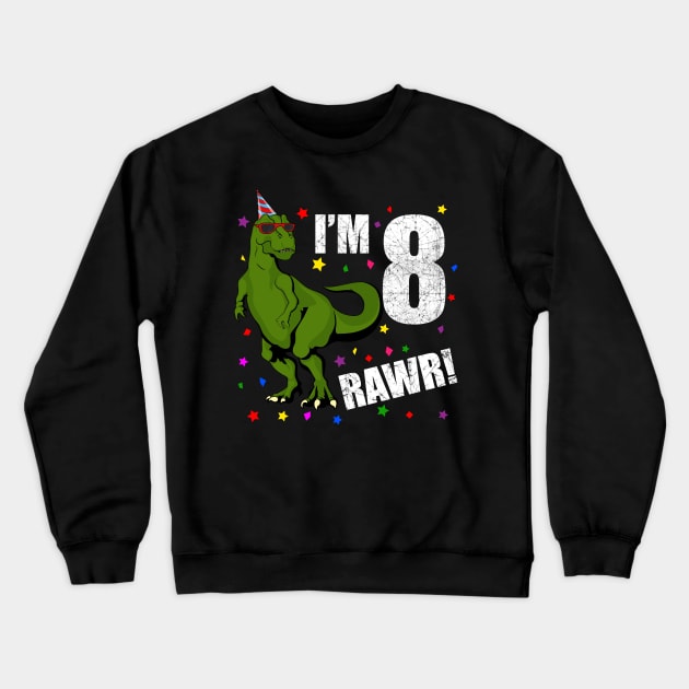 Bday Kids 8 Years Old Dinosaur Birthday Crewneck Sweatshirt by KawaiiAttack